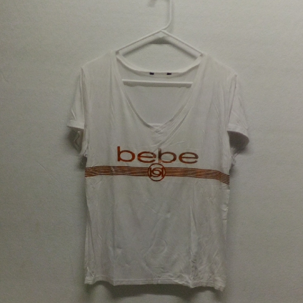 Bebe White T-Shirt with Orange Logo